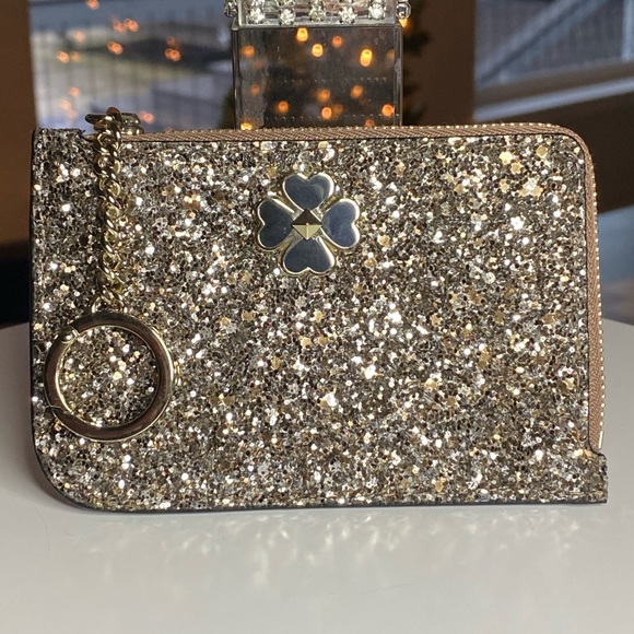 NEW! KATE SPADE Odette Wallet Gold Glitter Black Patent Leather L-Zip Keychain - Picture 3 of 13